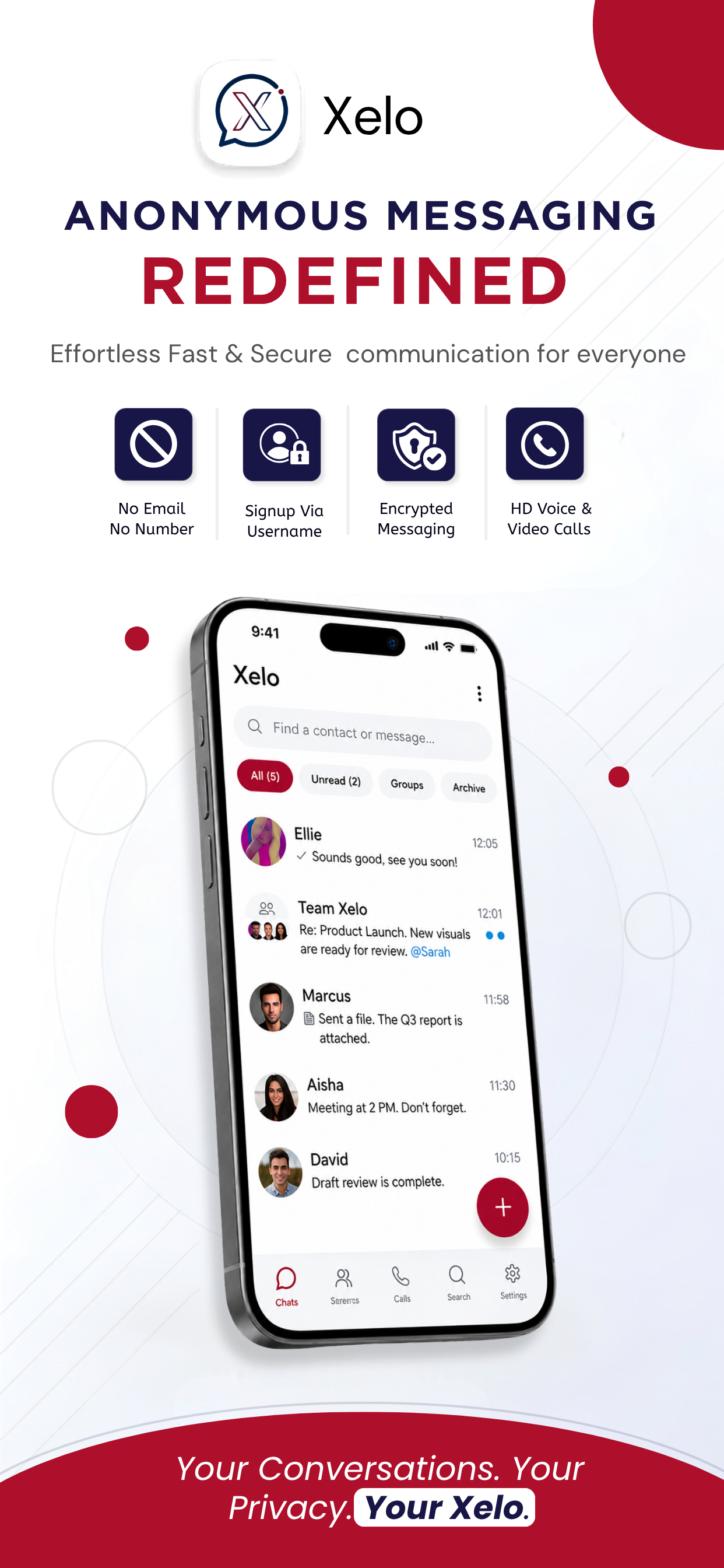 Xelo Messenger private messaging preview showing anonymous username signup, encrypted messaging, and HD calls